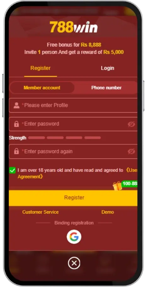 788Win Game Sign up screen