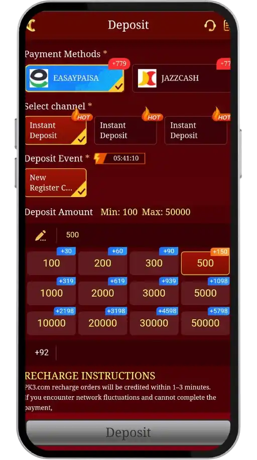 PK3 Game Deposit Screen: Deposit via Jazzcash